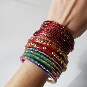 Set of Assorted Pink Toned Bejeweled Indian Bangle Bracelets